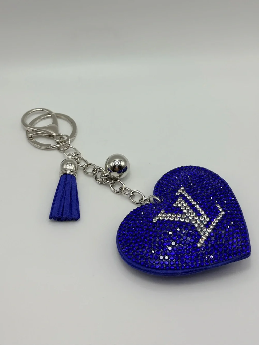 Royal Blue Crystal Heart Keychain with Silver Hardware